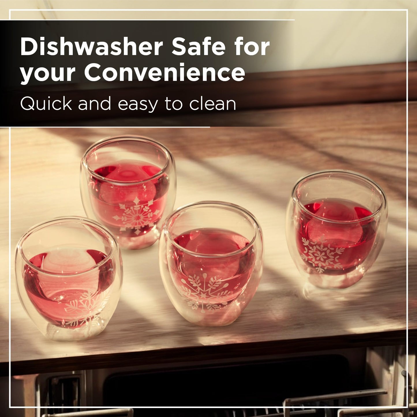 Premium Mulled Wine Glasses 220ml Set of 4, Double Walled Snowflake Design 8x8cm