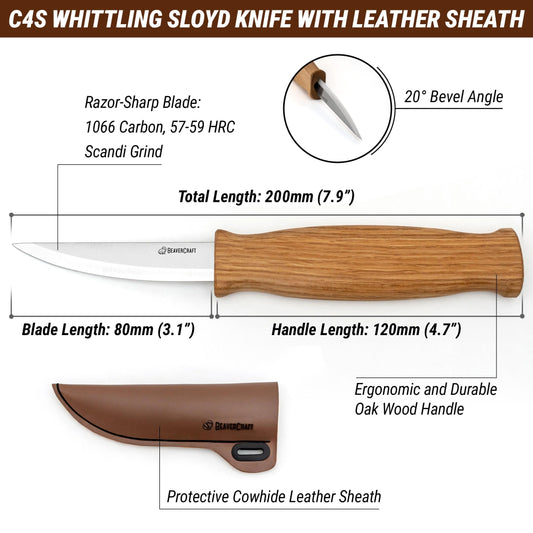 BeaverCraft Wood Carving Sloyd Knife C4s 8 cm - Whittling Knife with Leather Sheath for Carvers - Chip Wood Carving Tools for Beginner and Profi