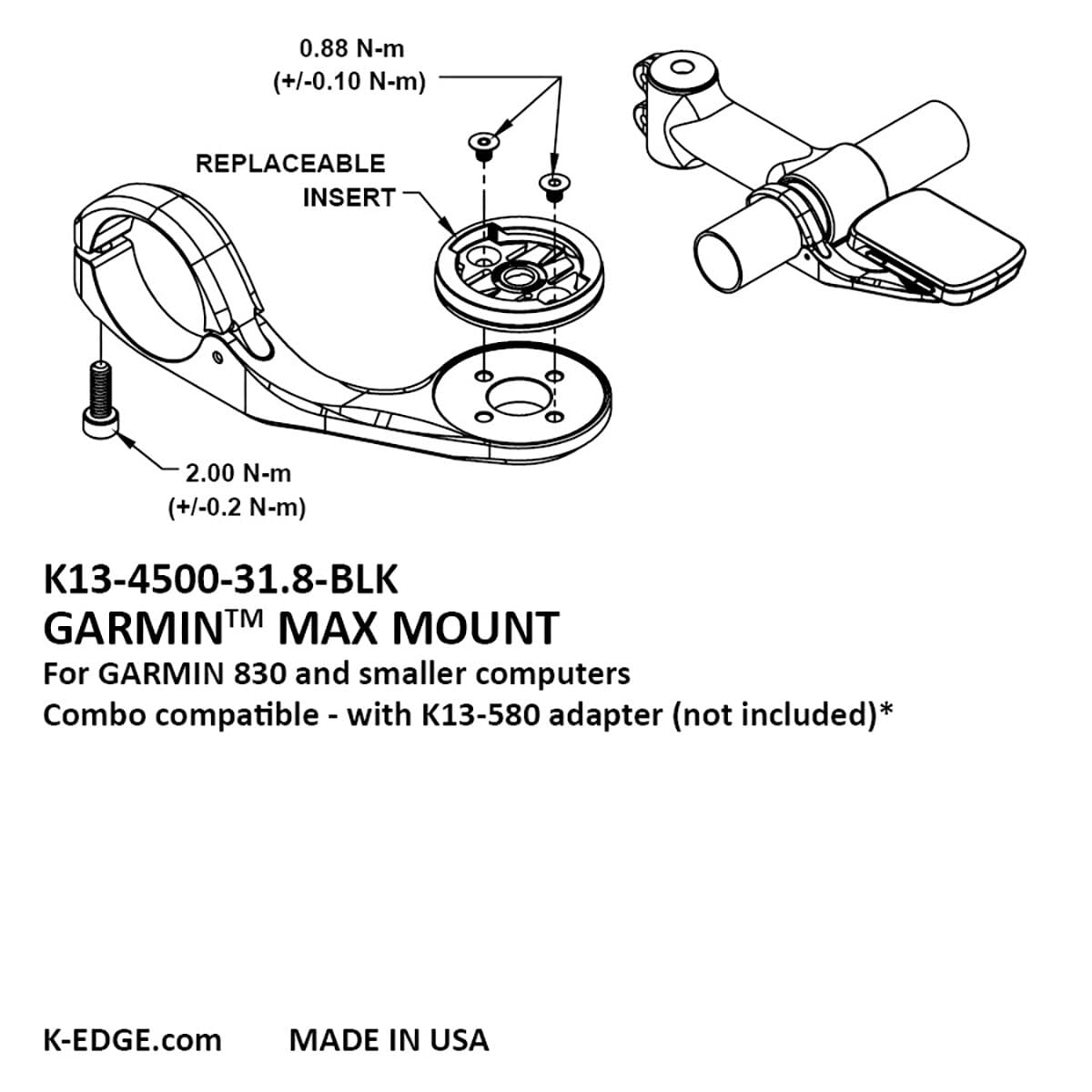 K-EDGE Garmin Max XL Mount 31.8mm - Durable Black Bike Mount