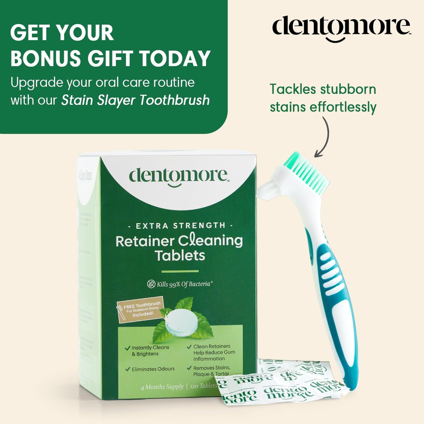 Dentomore Powerful Retainer Cleaner Tablets - 120 Tabs - 4 Months Supply