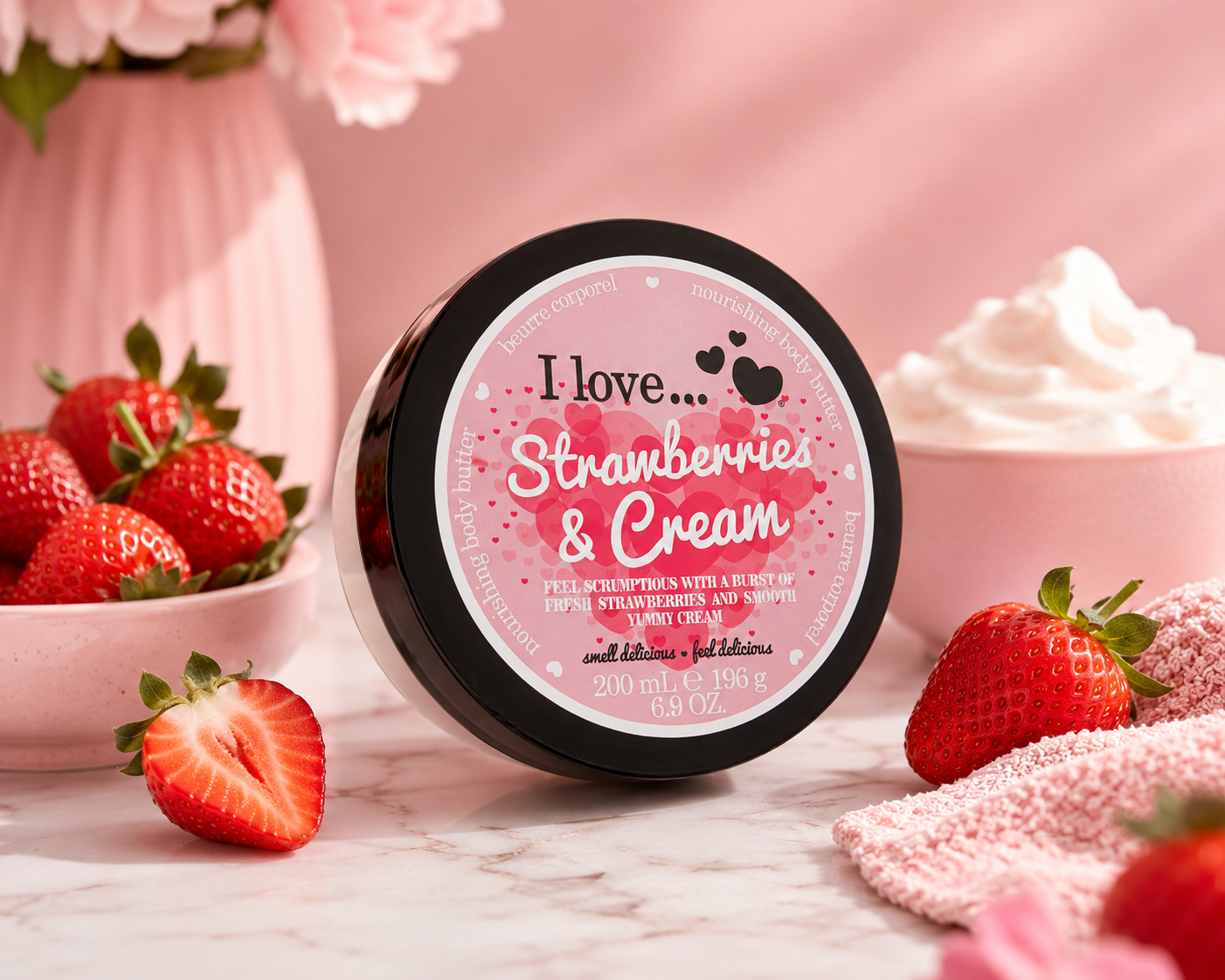 I LOVE Strawberries & Cream Body Butter 200ml, Naturally Derived Shea Butter & Coconut Oil For Soft & Hydrated Skin