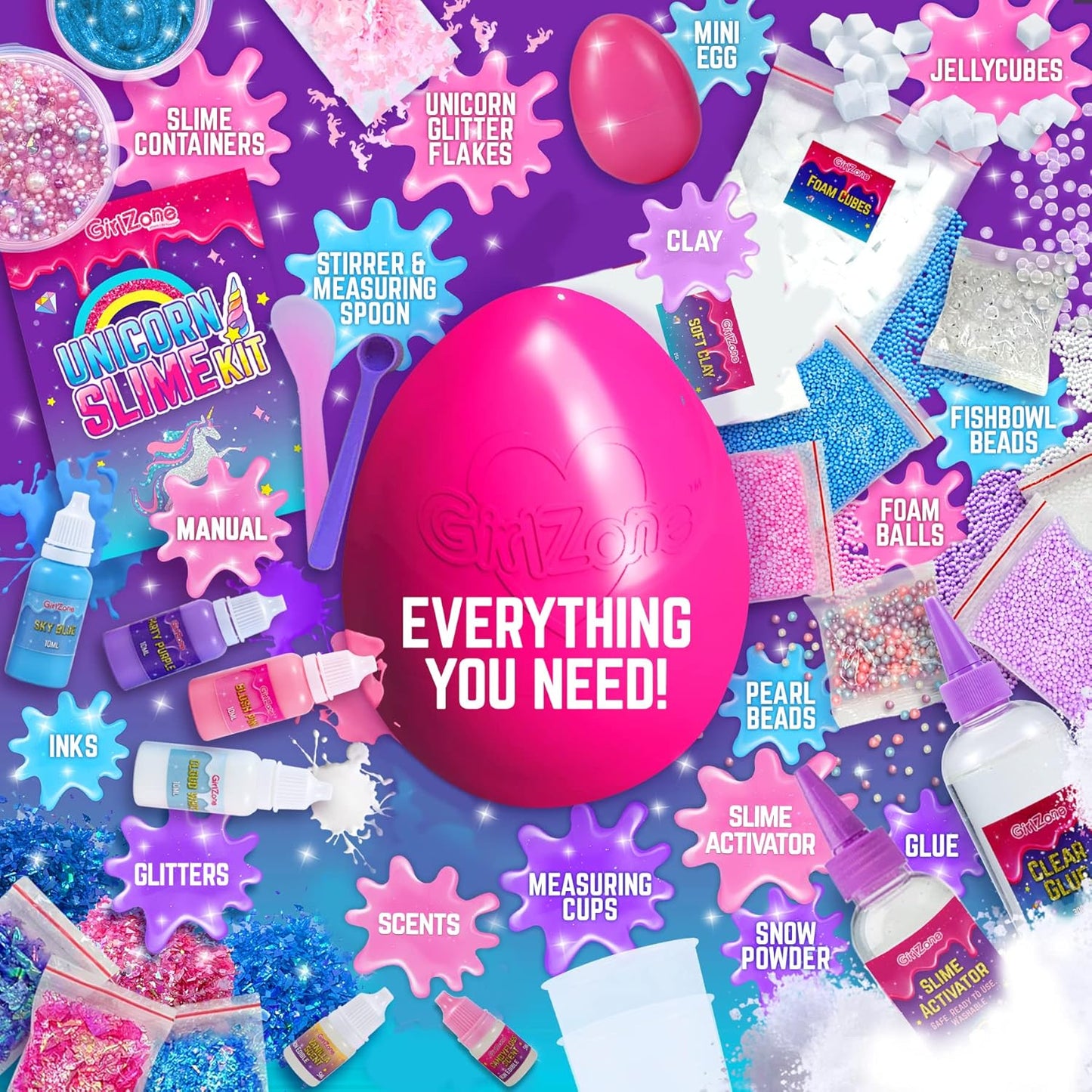 GirlZone Unicorn Egg Sparkly Surprise Slime Kit for Kids