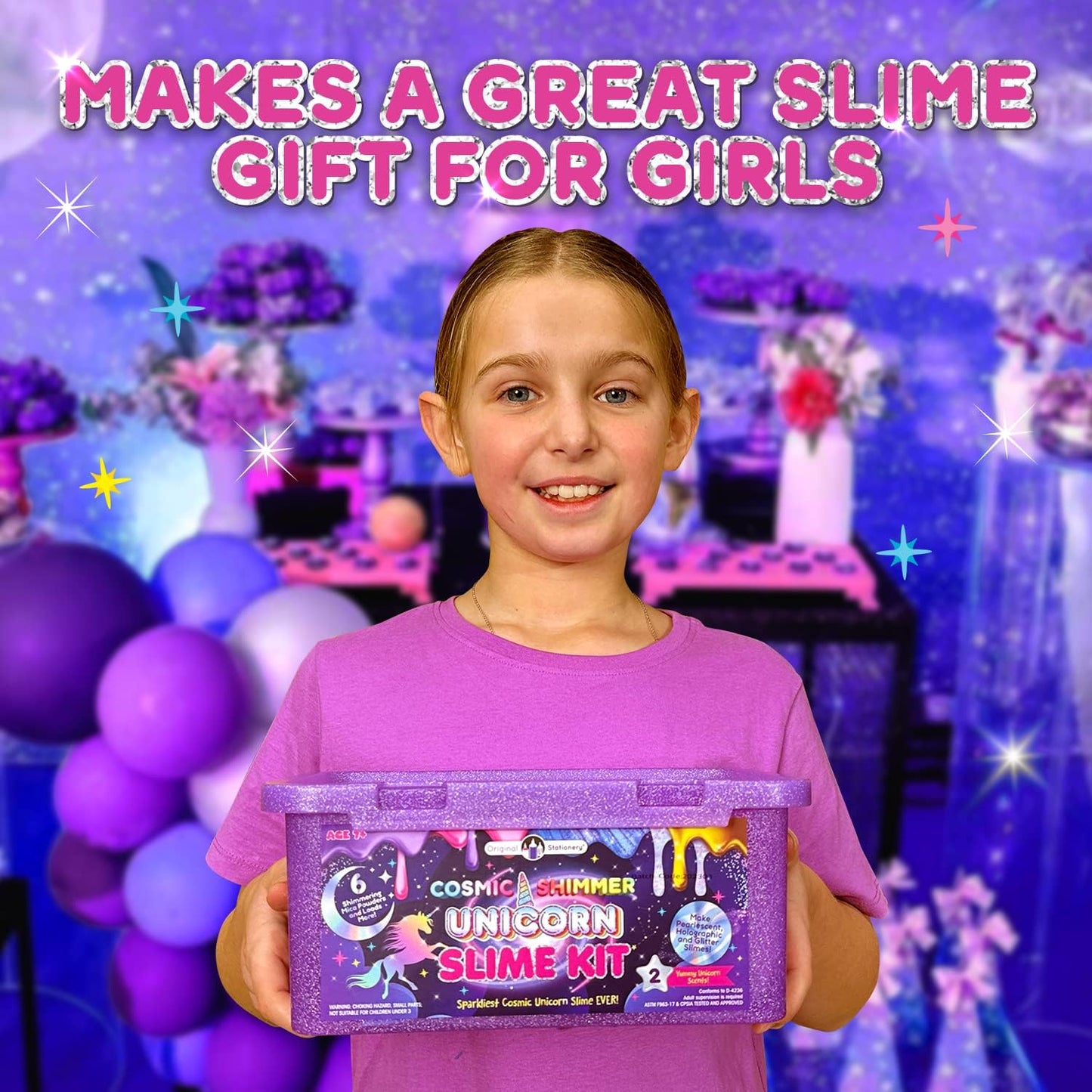 Original Stationery Cosmic Shimmer Unicorn Slime Kit for Kids, Glitter Glow in the Dark Gift