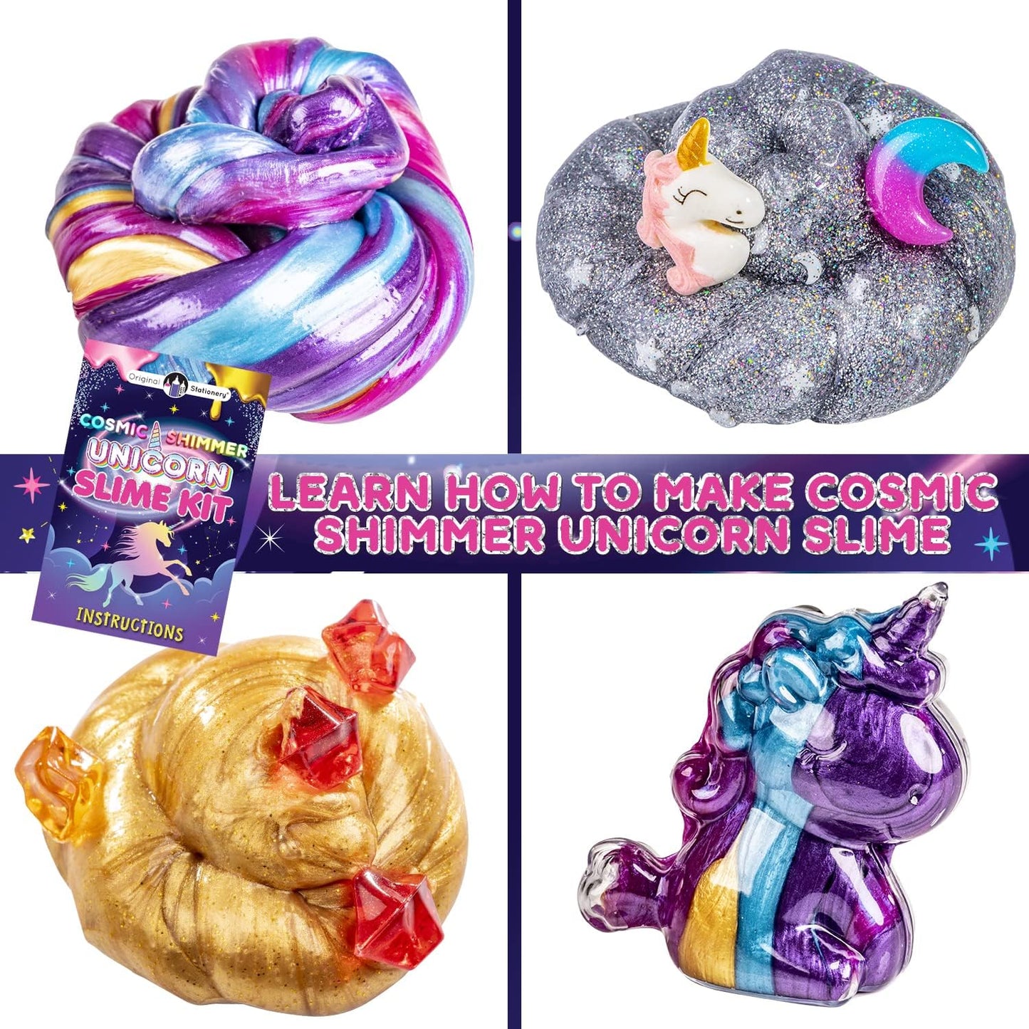 Original Stationery Cosmic Shimmer Unicorn Slime Kit for Kids, Glitter Glow in the Dark Gift