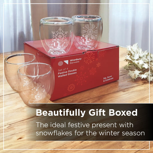 Premium Mulled Wine Glasses 220ml Set of 4, Double Walled Snowflake Design 8x8cm