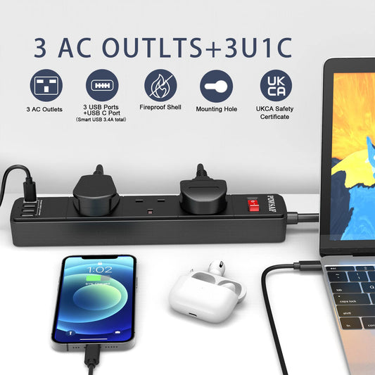 Extension Lead 2M with 4 USB Ports - Black Power Strip Extension Surge Protector