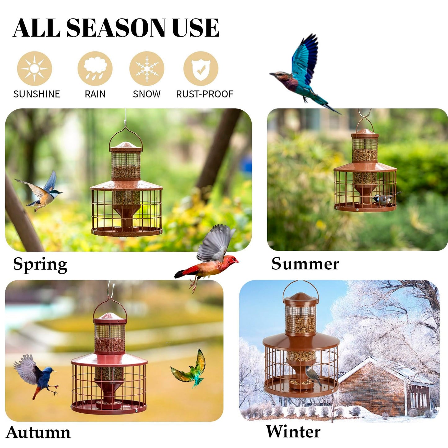 Squirrel-Proof Metal Bird Seed Feeder 1.3kg Capacity Brown Outdoor Hanging Wild-bird Tray