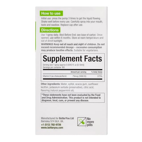 BetterYou Vitamin D3000 Oral Spray 25ml - Fast Absorbing Vitamin D Supplement 3000IU