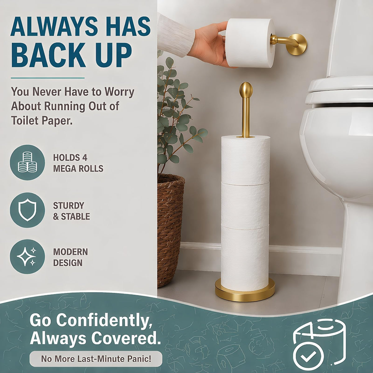 Gold Toilet Paper Holder Stand with Reserve for 4 Rolls