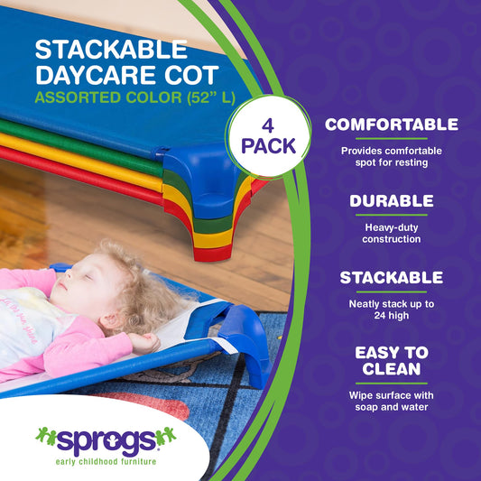 Sprogs Deluxe Stackable Daycare/Nursery Cot with Easy Lift Corners Pack of 4 - Multicoloured