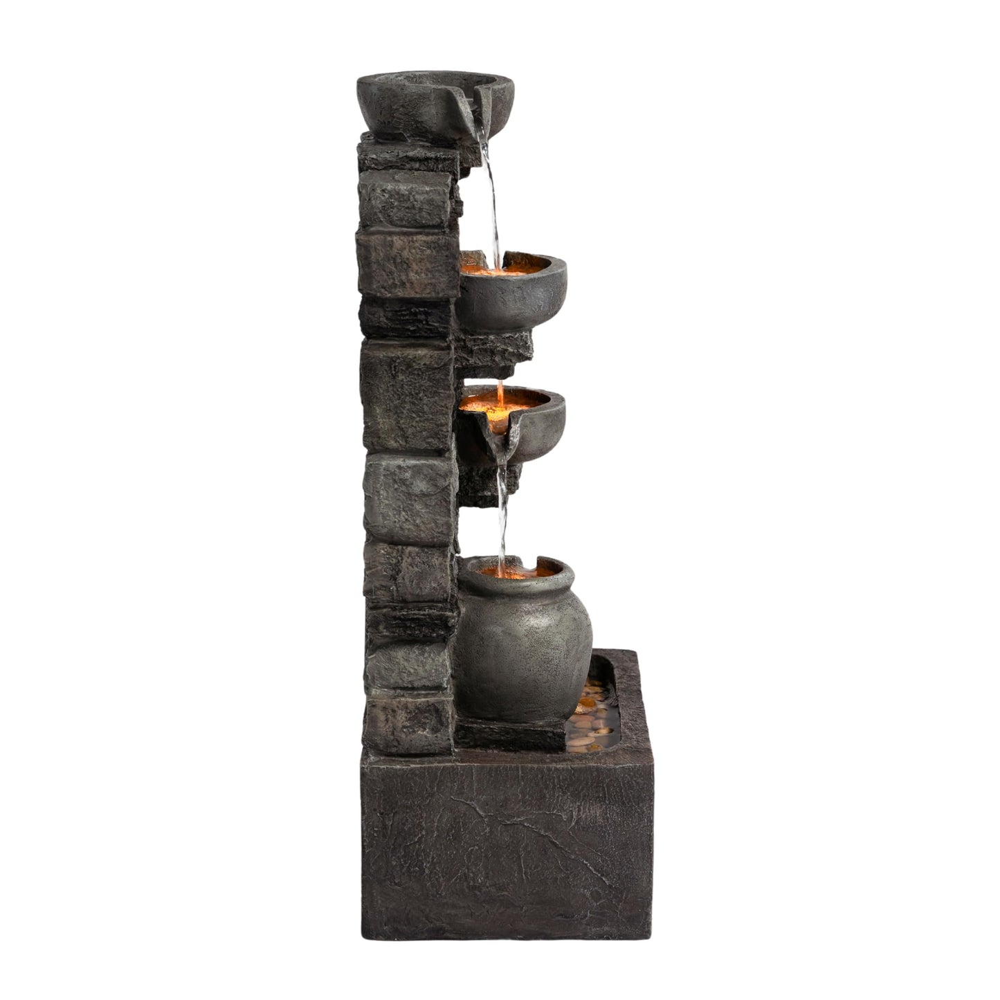 Outdoor 4-Tier Stacked Stone Cascading Water Fountain LED Rustic Grey