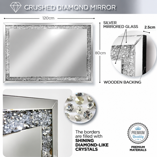 Crushed Diamond Luxury Mirror Wall Mounted 120 x 80cm Large Full Length Mirror in Silver