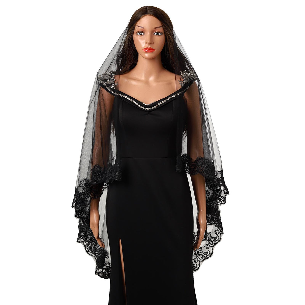 Acenail Black Veil Brides Wedding Long Pearl Lace Bridal Veil