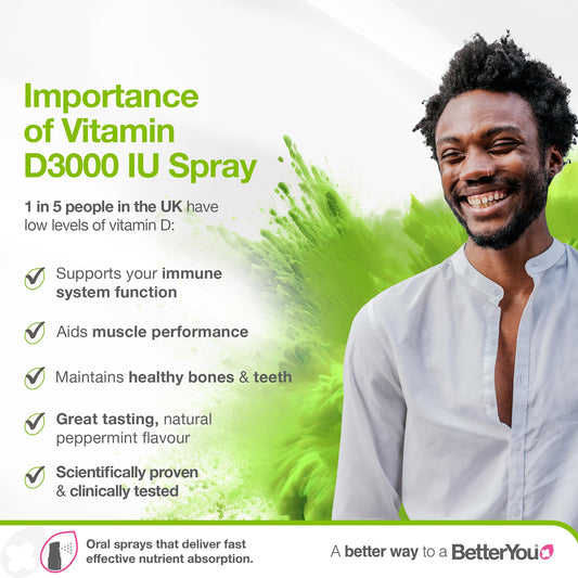BetterYou Vitamin D3000 Oral Spray 25ml - Fast Absorbing Vitamin D Supplement 3000IU