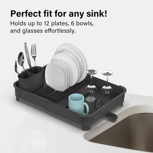 Extendable Dish Drainer Rack with Cutlery Holder - Black, Vivo Technologies