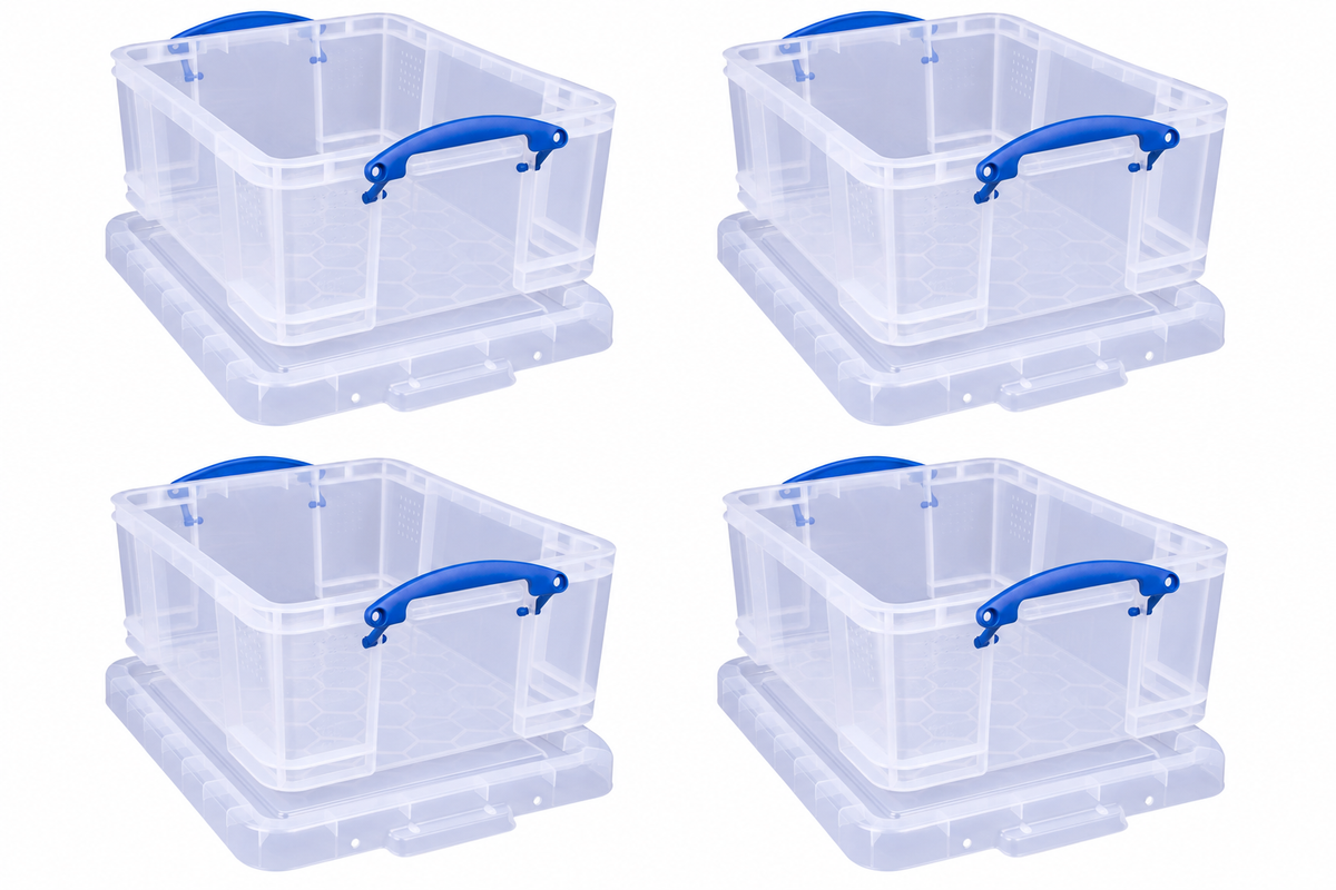 Really Useful Box 18 Litre Clear Plastic Storage Container 4x Pack with Clip Handles