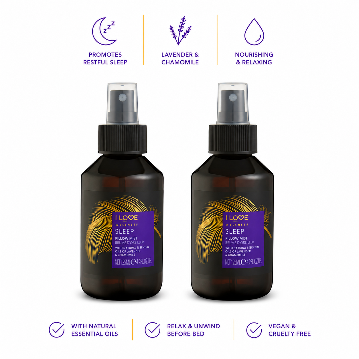 I LOVE Wellness Sleep Pillow Mist 2 Pack with Natural Essential Oils of Lavender & Chamomile