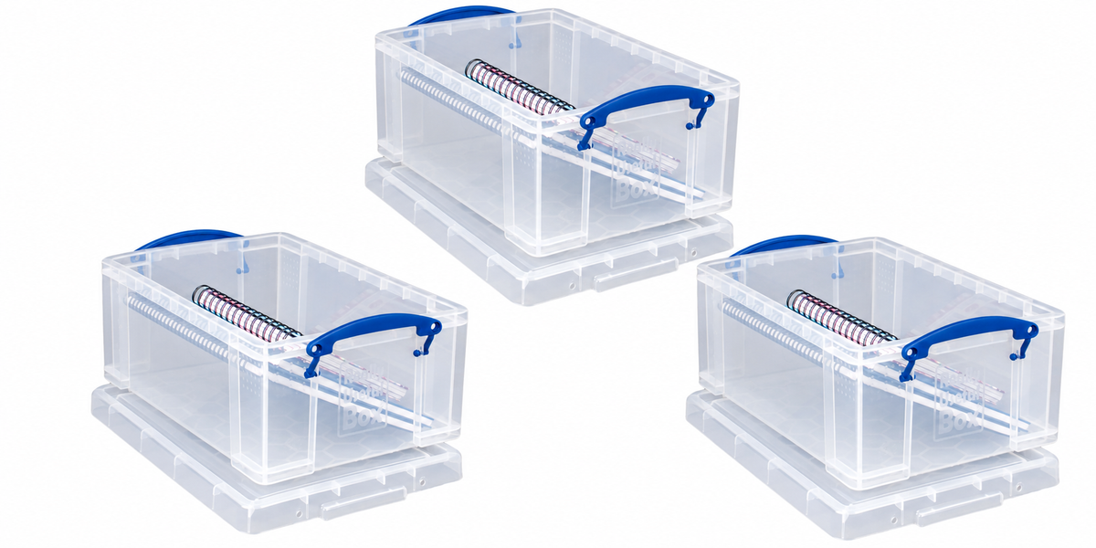 Really Useful Box 9 Litre 3x Pack Clear Plastic Storage Container with Clip Handles & Lid