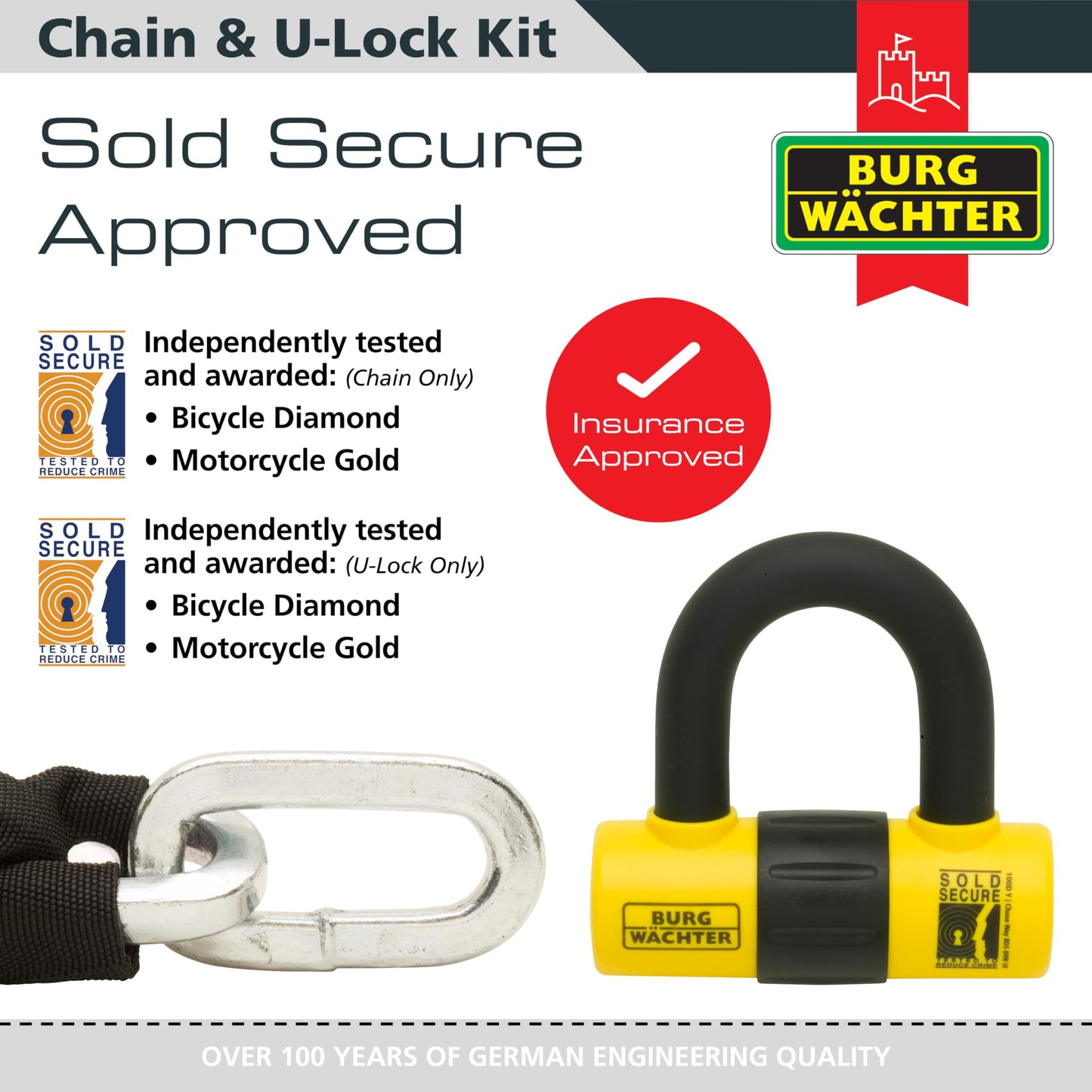 Burg Wachter Sold Secure Gold 12mm 2M Motorbike Chain Lock Kit
