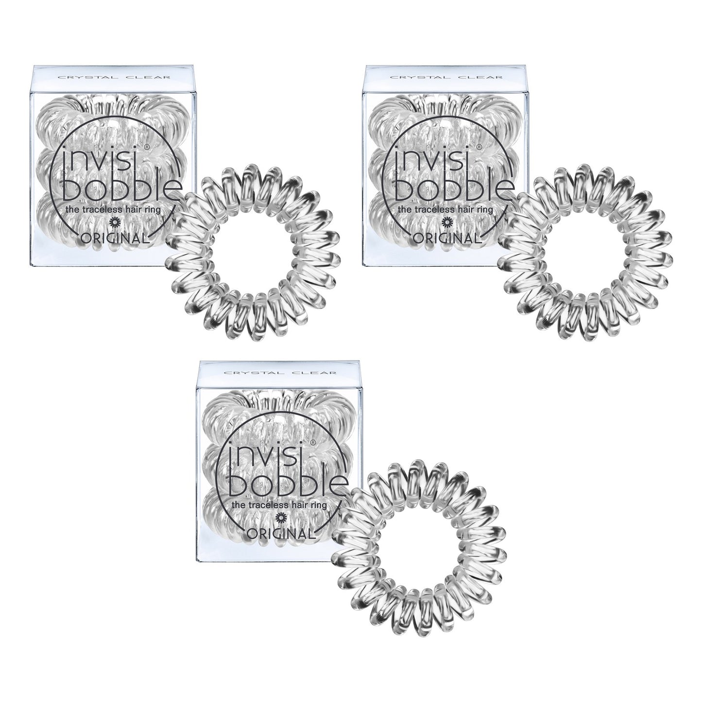 INVISIBOBBLE Original Clear Hair Tie 3 x 3 Pack Spiral Traceless Strong Hold Hair Rings