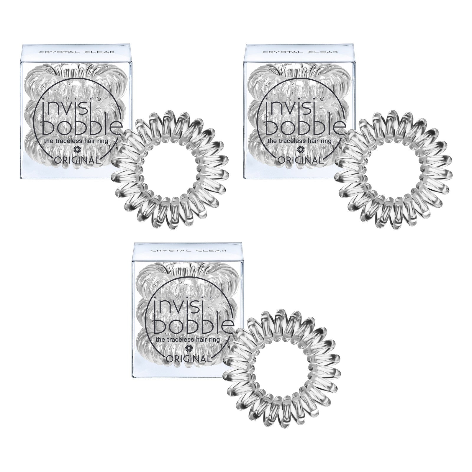INVISIBOBBLE Original Clear Hair Tie 3 x 3 Pack Spiral Traceless Strong Hold Hair Rings