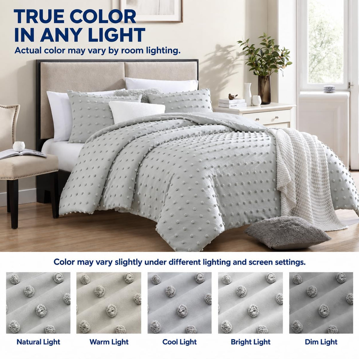 Swift Home Full/Queen Gray Comforter Set - 3 Piece Tufted Pom Poms