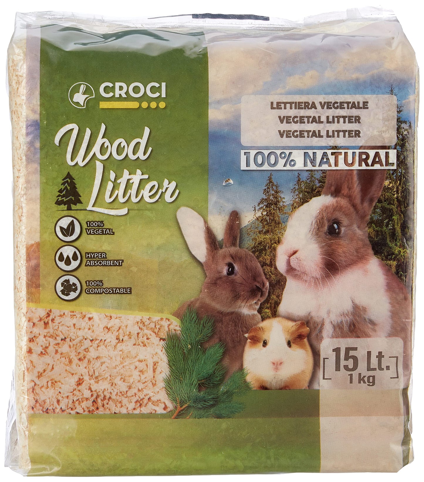 Croci Wood Litter Natural Unscented Shavings Rodent Bedding 1kg - 15L x4 Pack