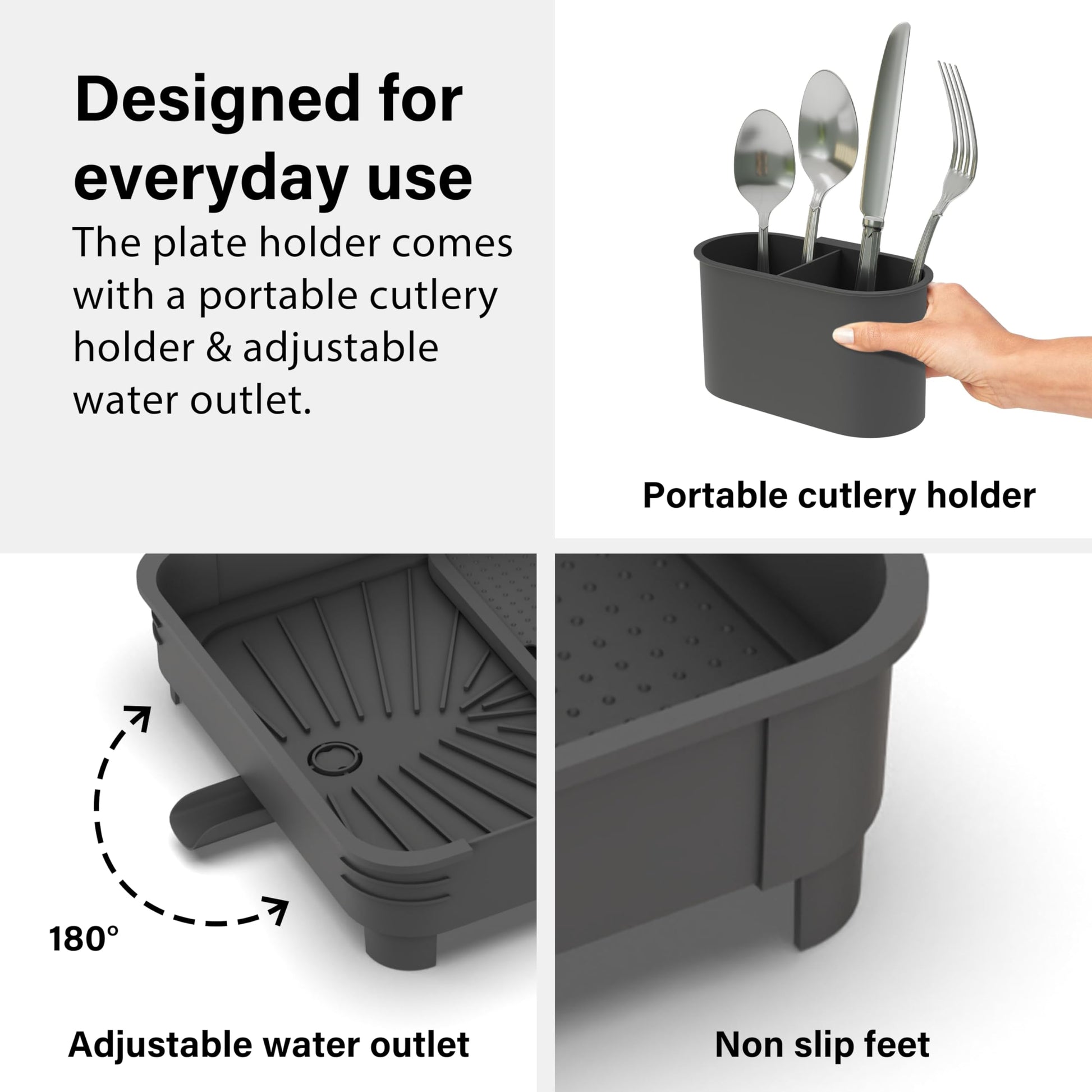 Extendable Dish Drainer Rack with Cutlery Holder - Black, Vivo Technologies