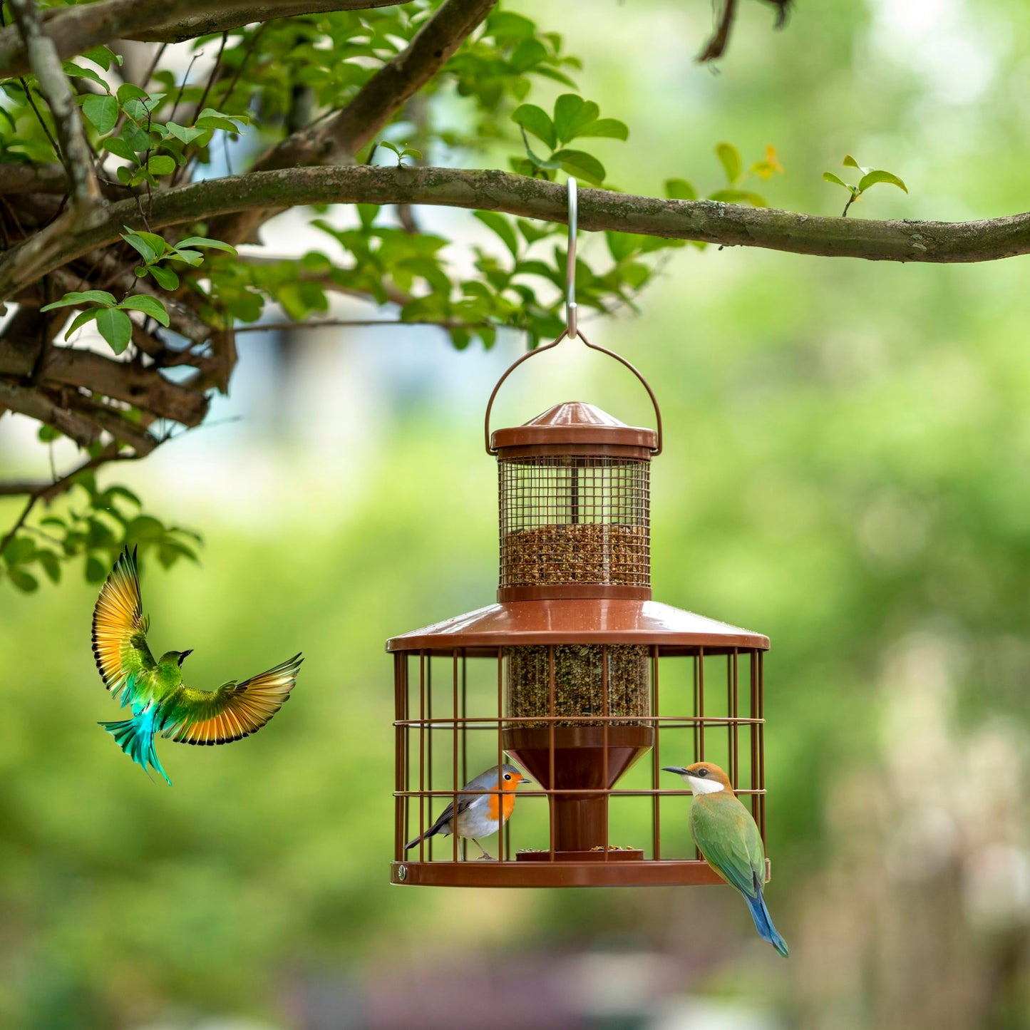 Squirrel-Proof Metal Bird Seed Feeder 1.3kg Capacity Brown Outdoor Hanging Wild-bird Tray