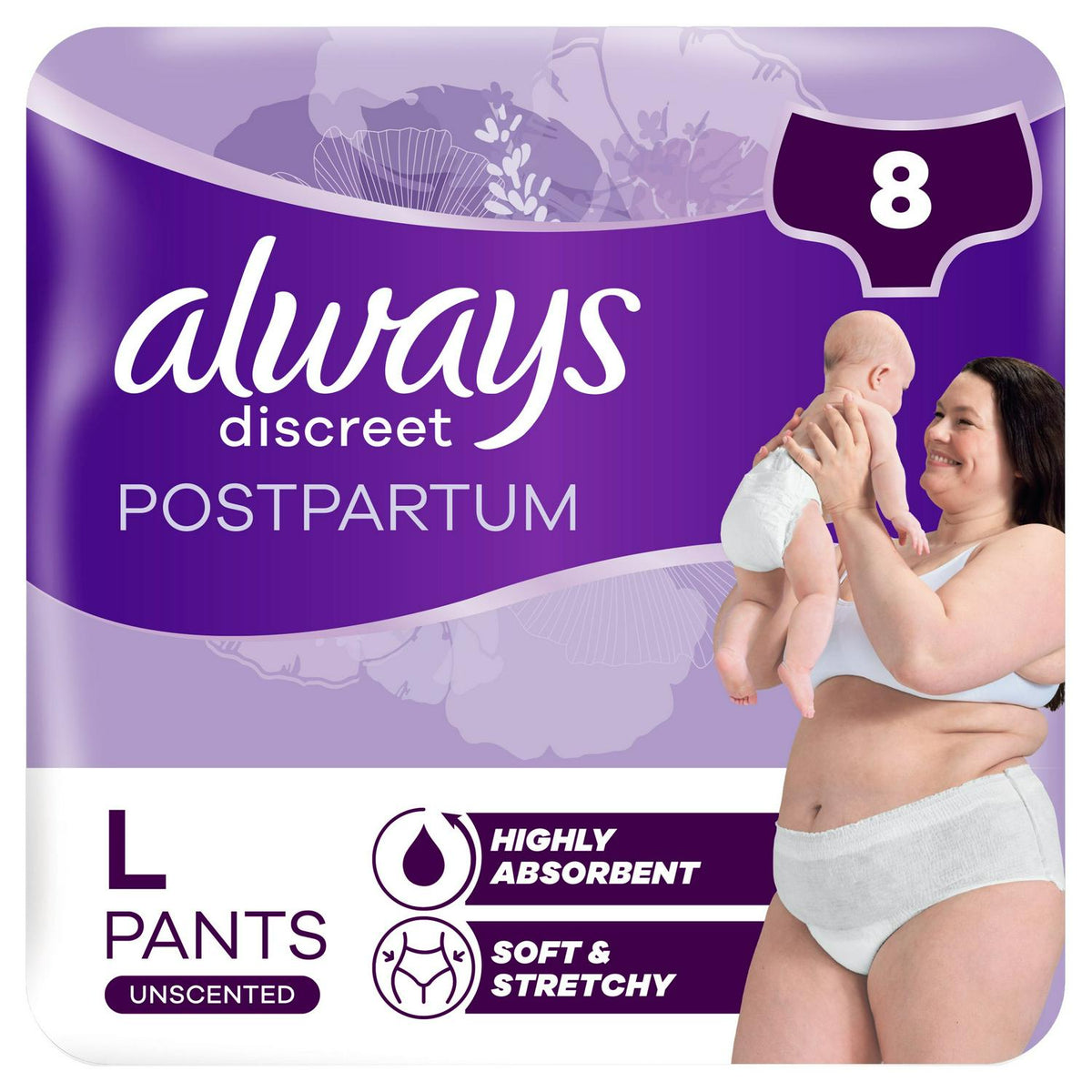 Always Discreet Postpartum Panties Size L Pack of 8 Highly Absorbent & High Waisted