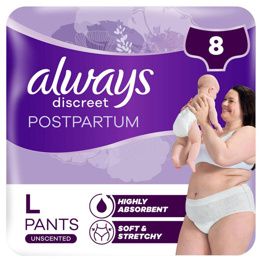 Always Discreet Postpartum Panties Size L Pack of 8 Highly Absorbent & High Waisted