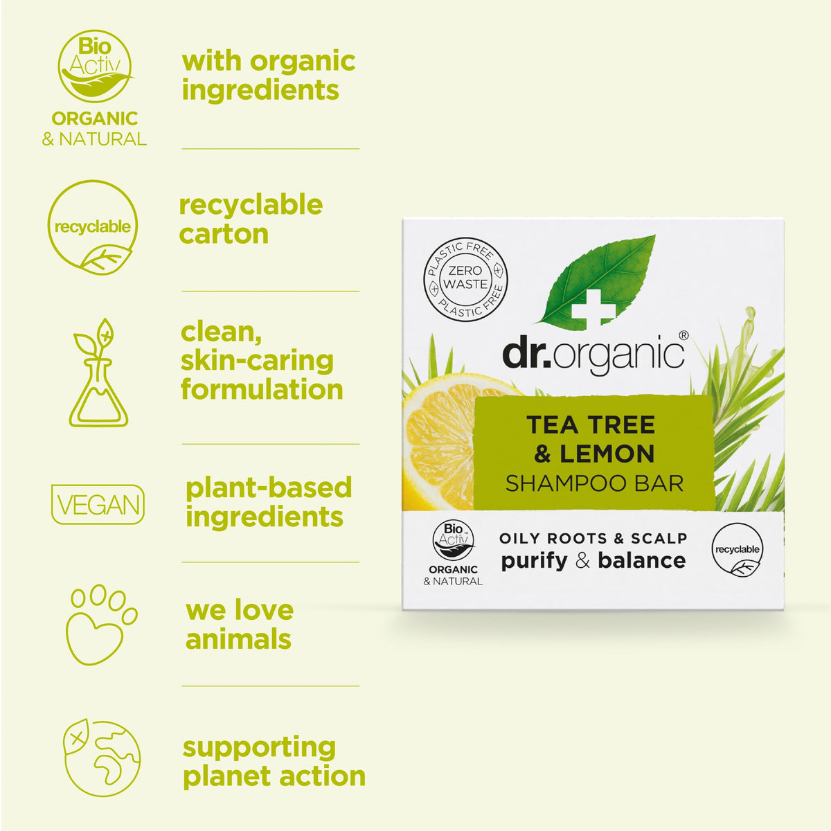 Dr Organic Tea Tree & Lemon Shampoo Bar 75g for Oily Roots & Scalps