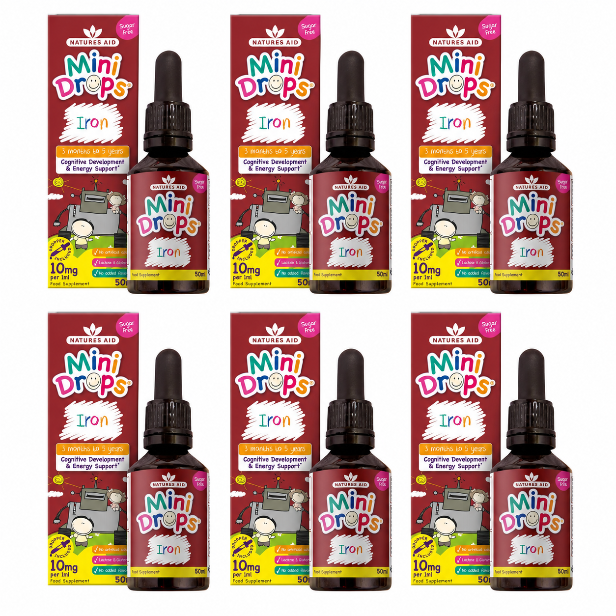Natures Aid Mini Drops Iron Energy Supplement for Kids 50ml 6x Pack Bundle