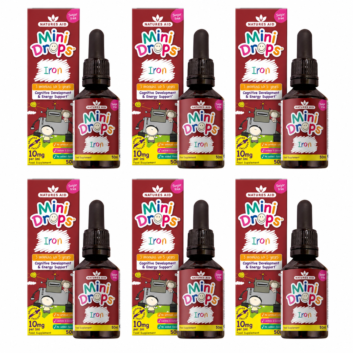 Natures Aid Mini Drops Iron Energy Supplement for Kids 50ml 6x Pack Bundle