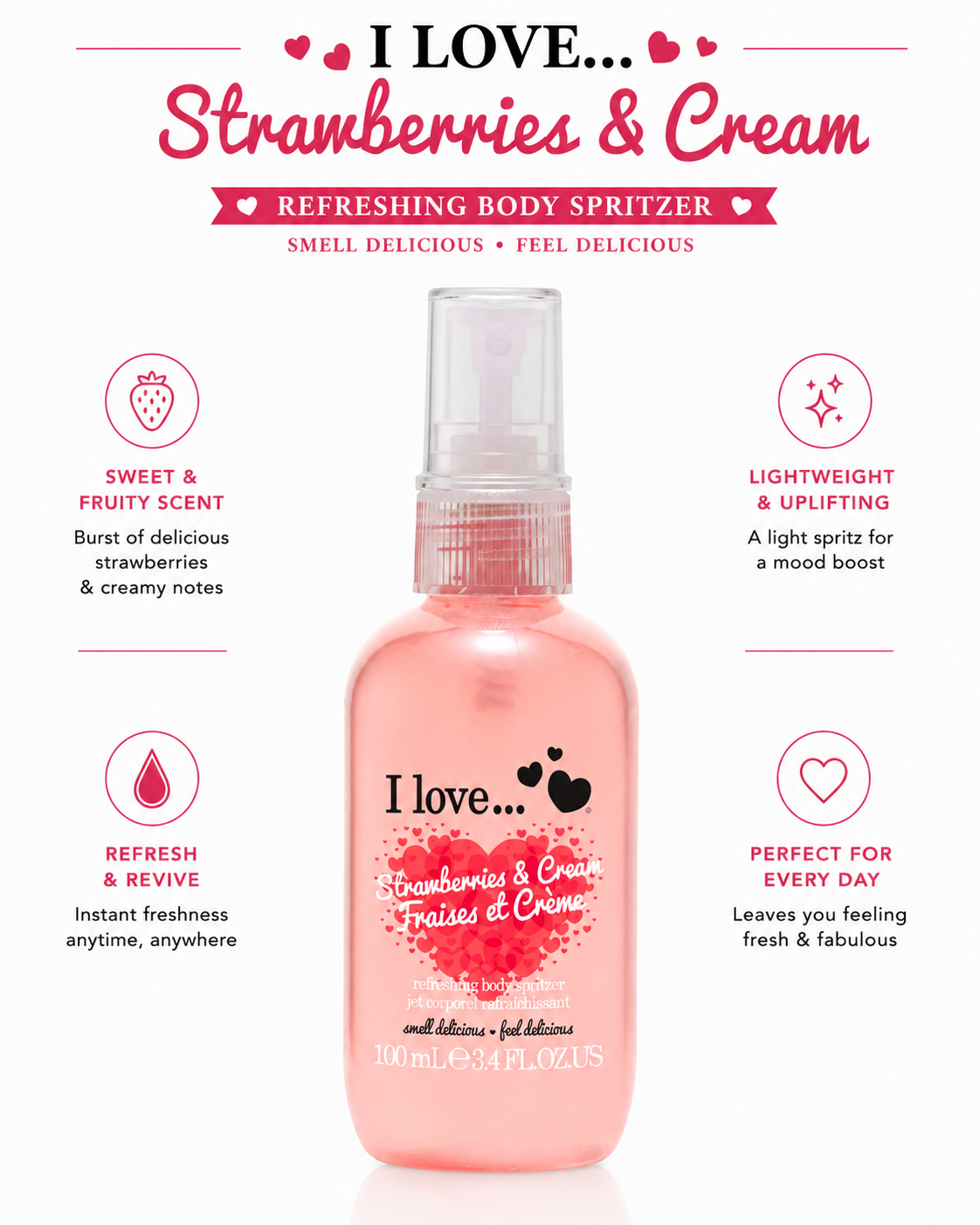 I LOVE Strawberries & Cream Body Spritzer 100ml with Natural Fruit Extract Fragranced Mist