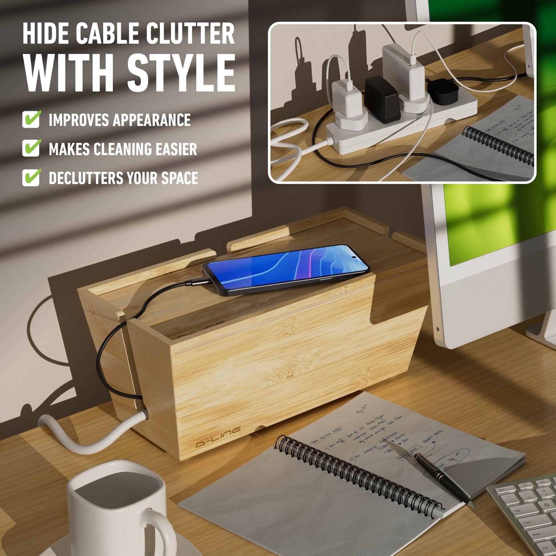 Bamboo Cable Tidy Box - Eco-Friendly Natural Wire Organiser with Lid
