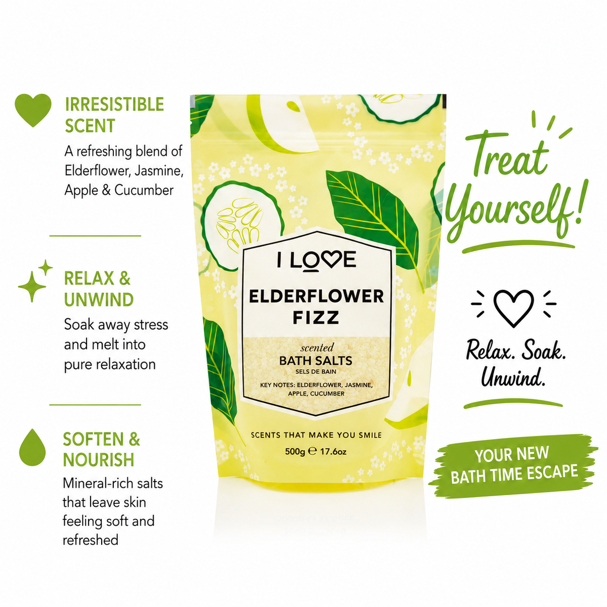 I LOVE Signature Elderflower Fizz Scented Bath Salts 500g - All Natural Ingredients