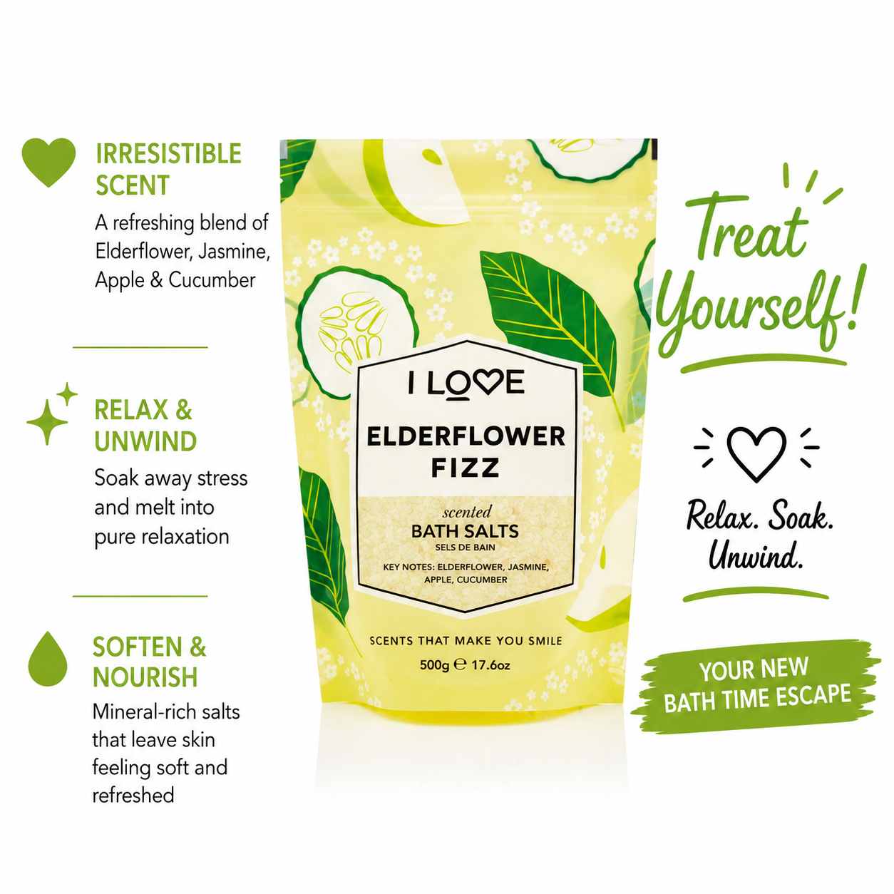 I LOVE Signature Elderflower Fizz Scented Bath Salts 500g - All Natural Ingredients
