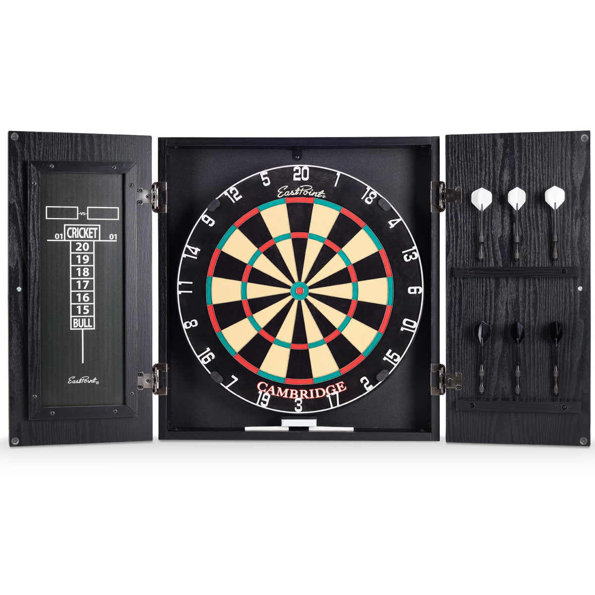 EastPoint Sports Cambridge Bristle Dartboard & Cabinet Set in Black - Complete Competition Dart Set