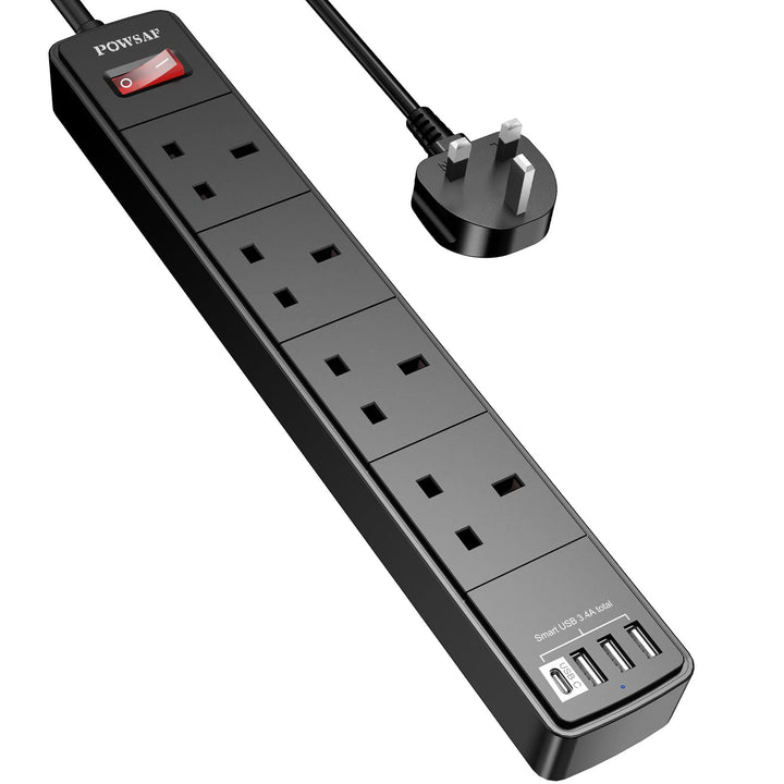 2M Extension Lead - 4 USB Ports Power Strip 4 Way Socket in Black