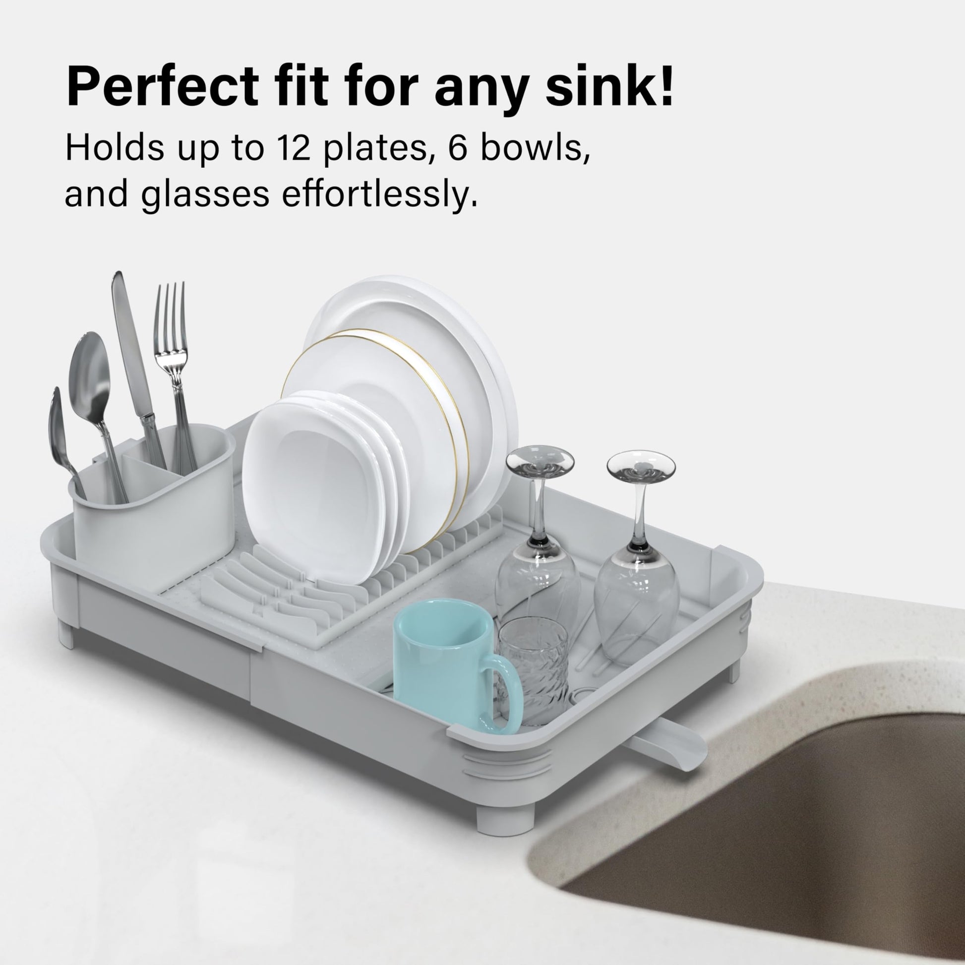 Extendable Dish Drainer Rack with Cutlery Holder in Grey by Vivo, Fits all Sinks