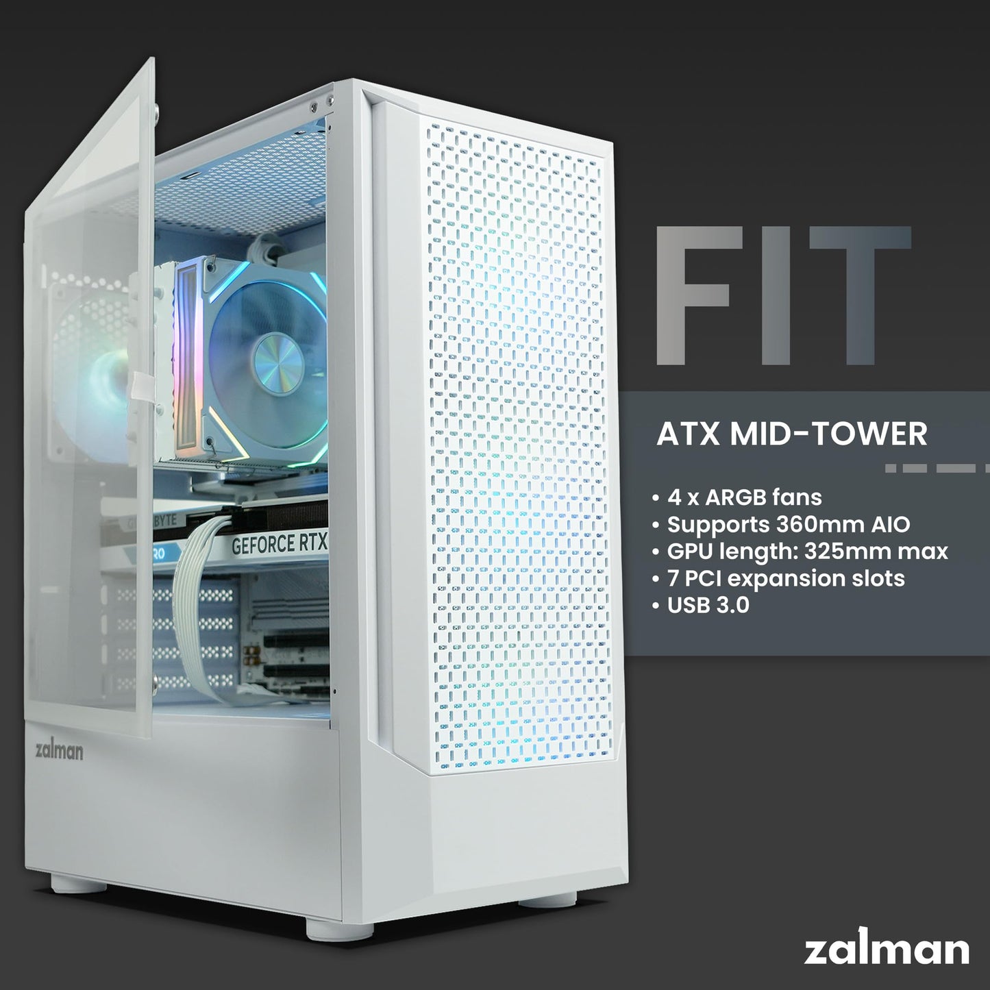 Zalman FIT ATX Mid-Tower PC Case 325mm GPU 360mm Radiator Black