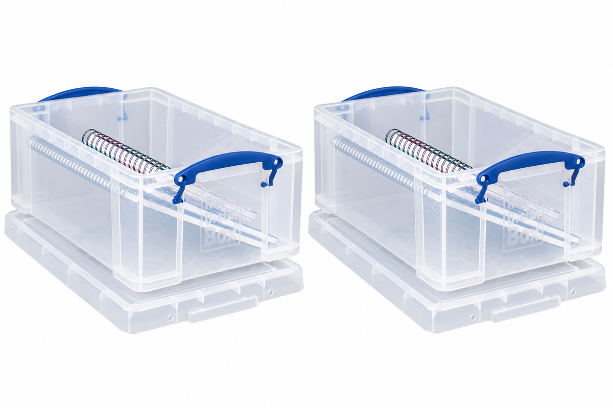 Really Useful Box 9 Litre 2x Pack Clear Plastic Storage Container with Clip Handles & Lid