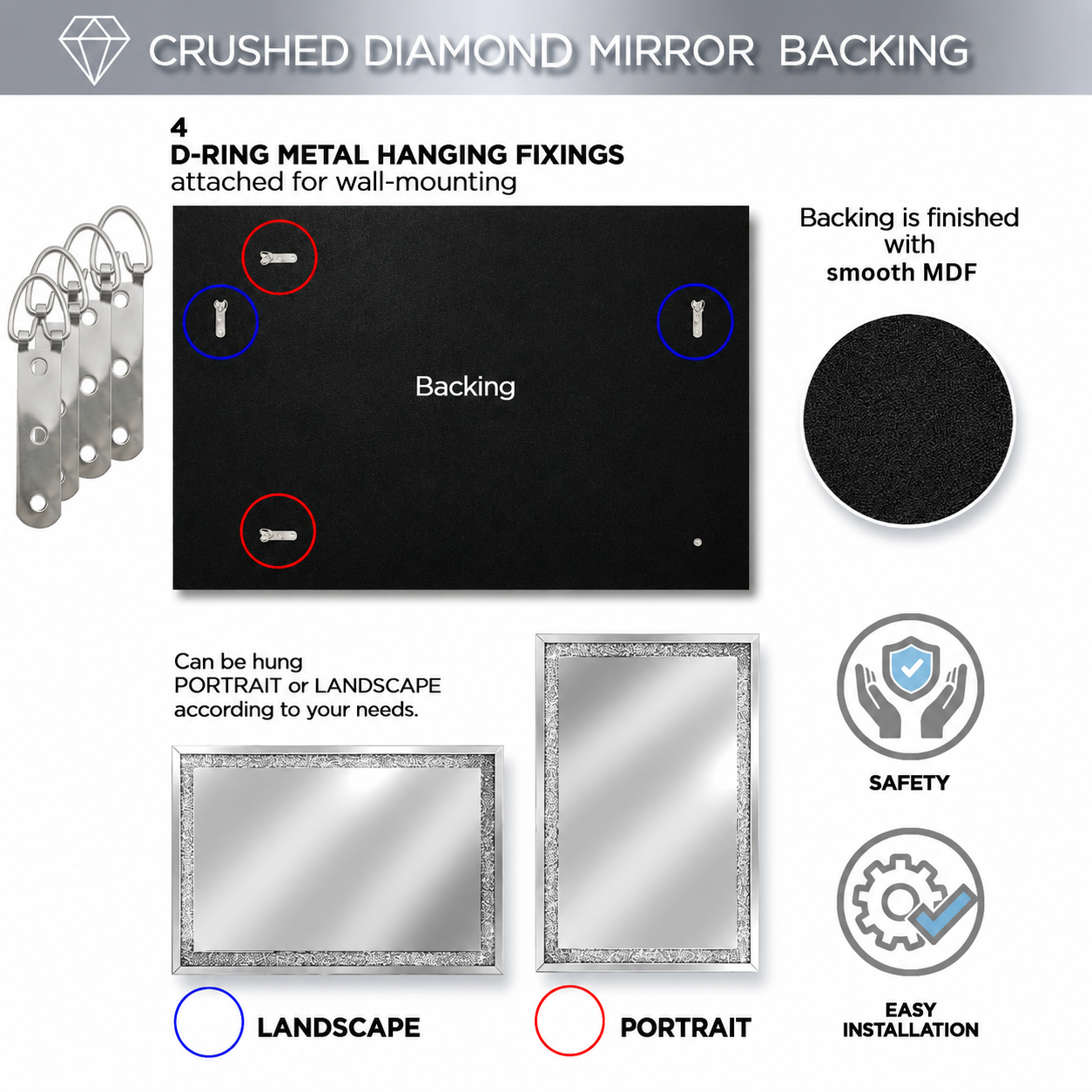 Crushed Diamond Luxury Mirror Wall Mounted 120 x 80cm Large Full Length Mirror in Silver