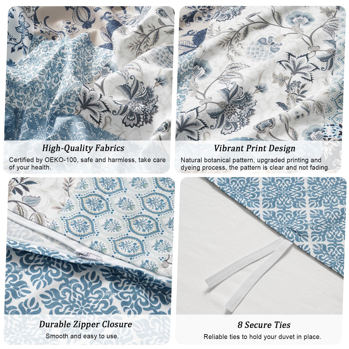 Ultra Soft Queen Duvet Cover Set 90x90 Blue Paisley Boho, Reversible Farmhouse Pattern