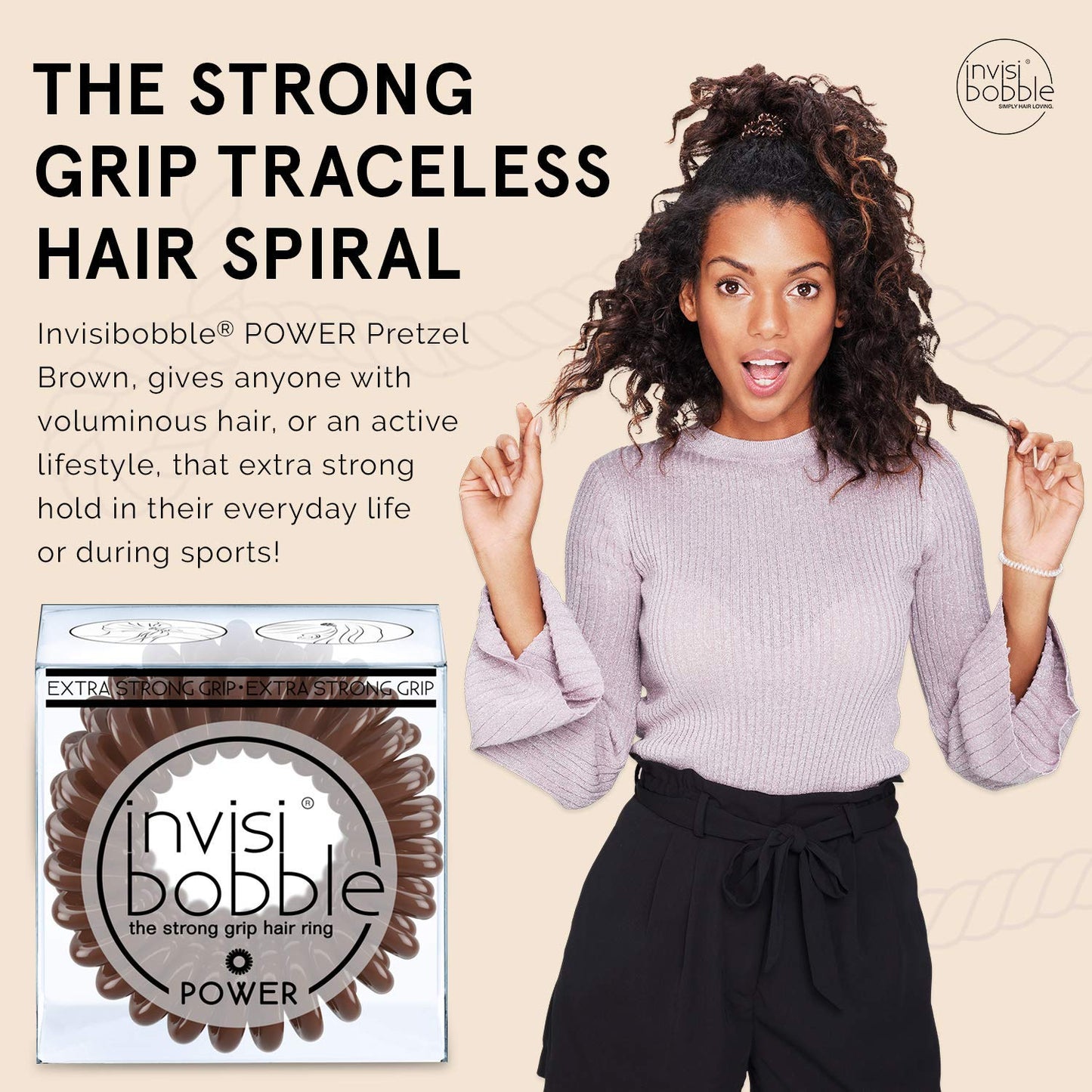 INVISIBOBBLE Power Hair Ties 3 Pack Pretzel Brown Extra Strong Grip Hair Ring