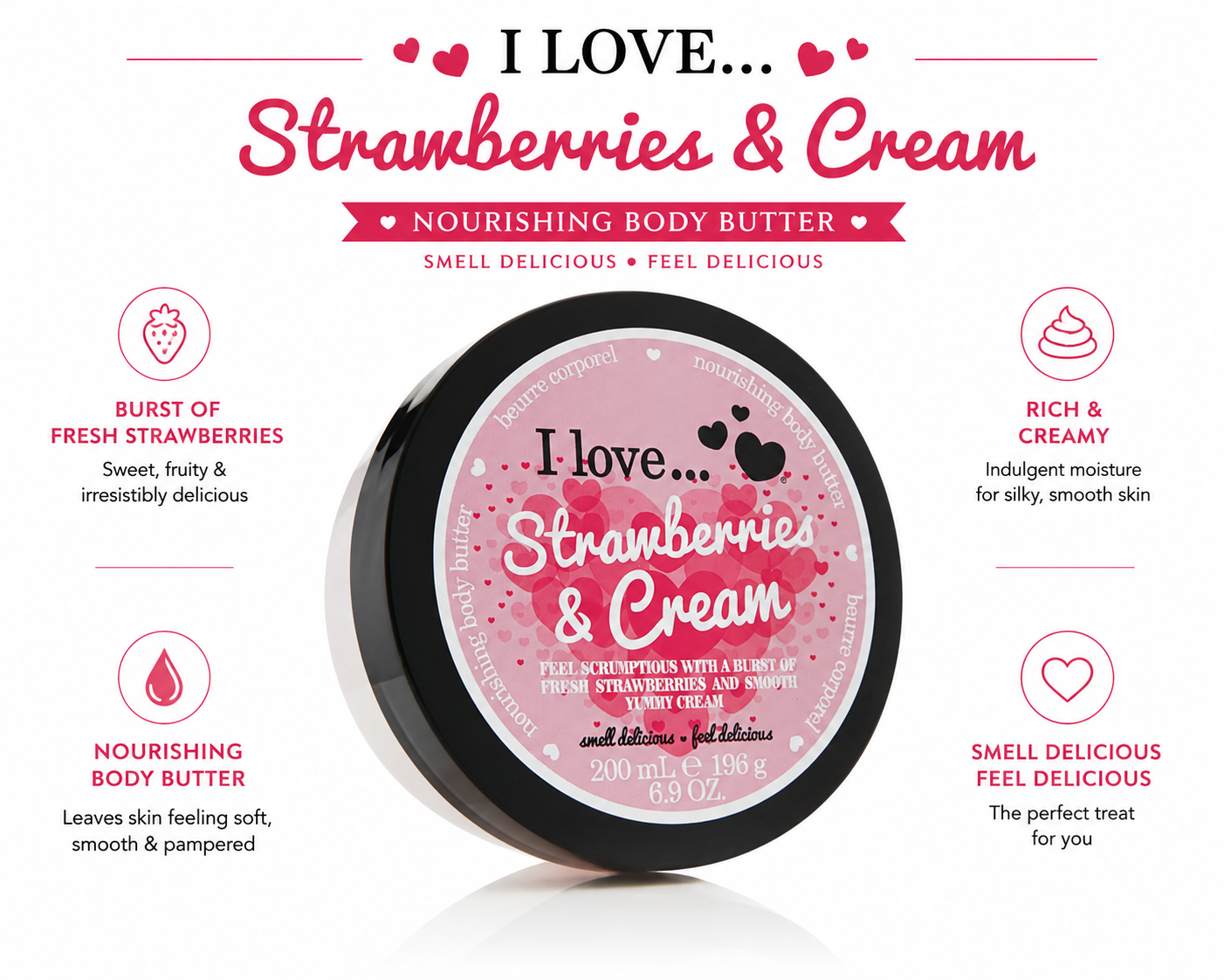 I LOVE Strawberries & Cream Body Butter 200ml, Naturally Derived Shea Butter & Coconut Oil For Soft & Hydrated Skin