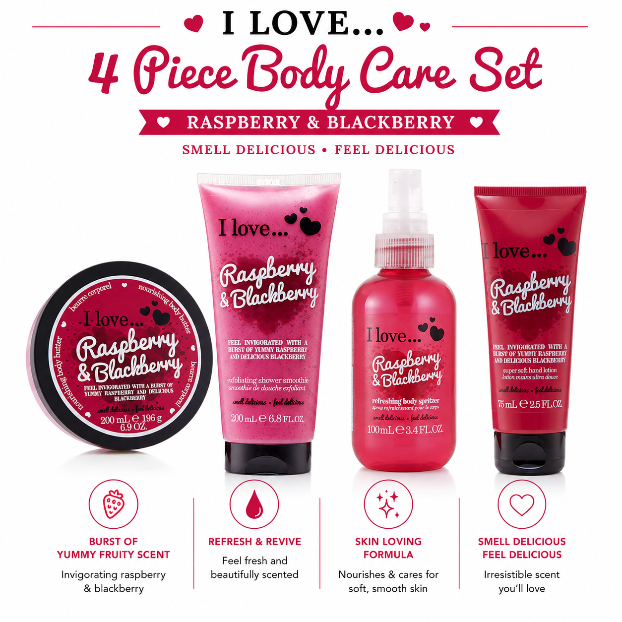 I LOVE Raspberry & Blackberry 4 Pack Bundle Fruity Hand & Body Care Pamper Set