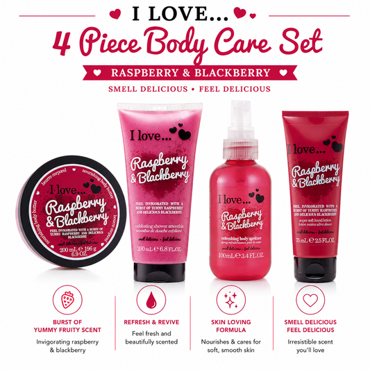 I LOVE Raspberry & Blackberry 4 Pack Bundle Fruity Hand & Body Care Pamper Set