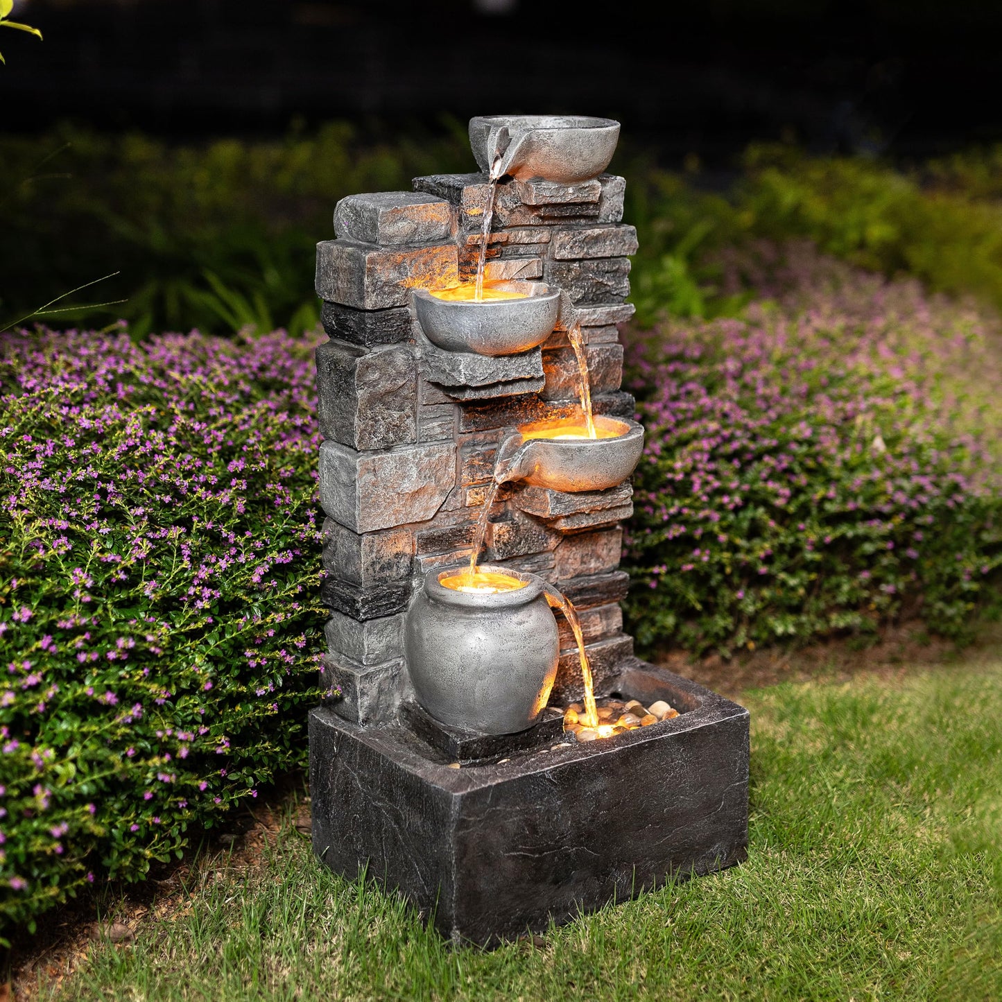 Outdoor 4-Tier Stacked Stone Cascading Water Fountain LED Rustic Grey